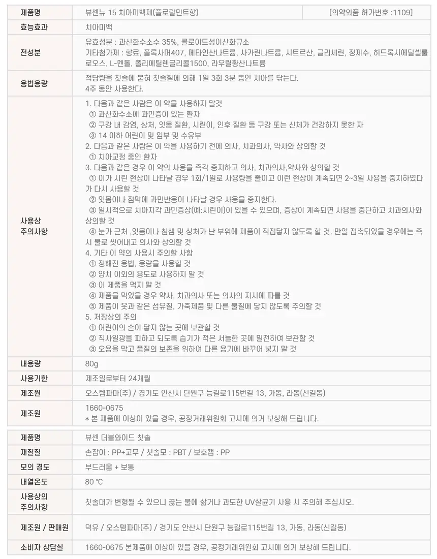 [데일리 미백케어] 뷰센15 치아미백제 80g 기획팩 (+더블와이드 칫솔 증정) 상세페이지 30